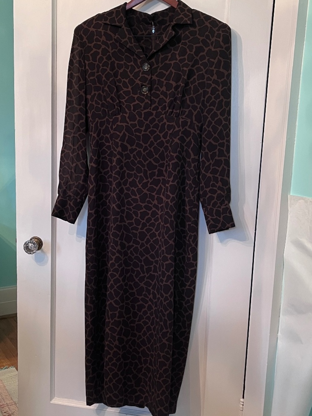 Cynthia Howie long brown georgette giraffe print dress 10